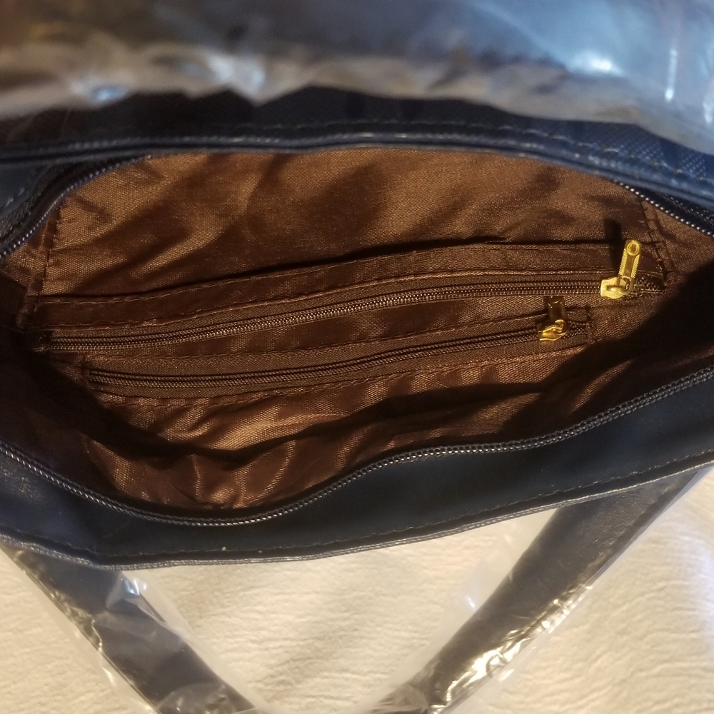 Matching set of 3 textured dark blue purses w chocolate brown interiors - Picture 3 of 10